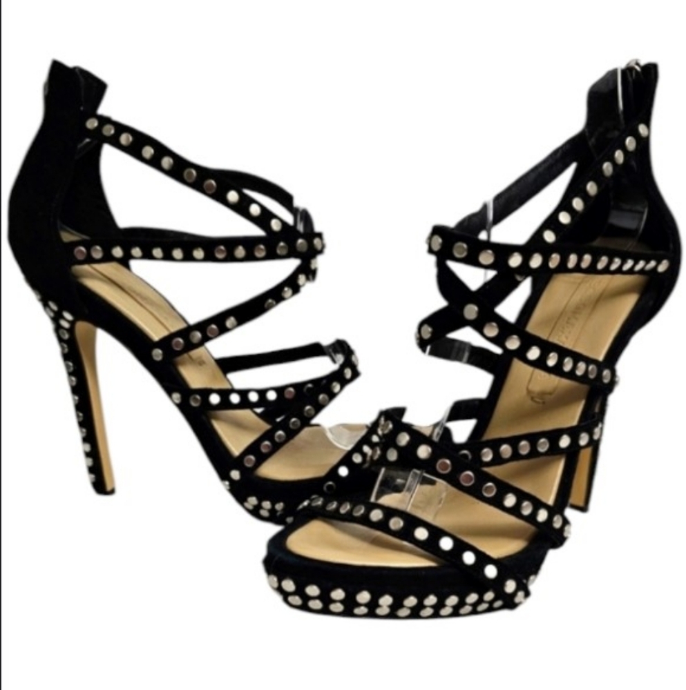 BCBGMaxAzaria Black Strappy Genuine Kid Leather All Over Studded Stilletos